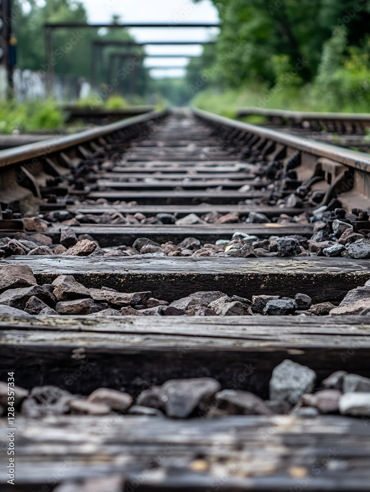 Poster closeup view of railway tracks disappearing into lush greenery highlighting nature and exploration :