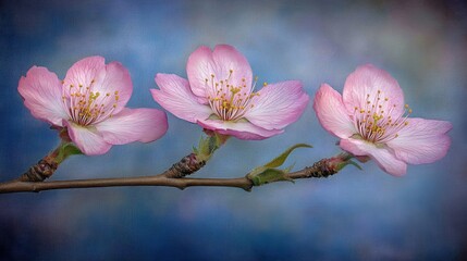 Obraz premium Three Pink Cherry Blossoms on a Twig Against a Mottled Blue Background