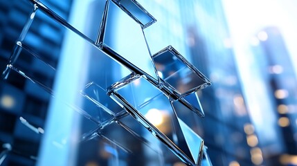 Modern artistic glass structure reflecting sunlight amidst an urban environment with skyscrapers and city lights : Generative AI