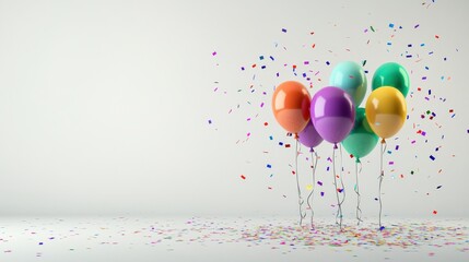 Colorful Balloons and Confetti in Office for Celebrating Work Anniversary Isolated