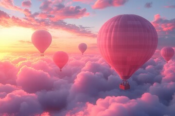 Fototapeta premium Hot air balloons drift through colorful clouds during a stunning sunrise over a tranquil landscape