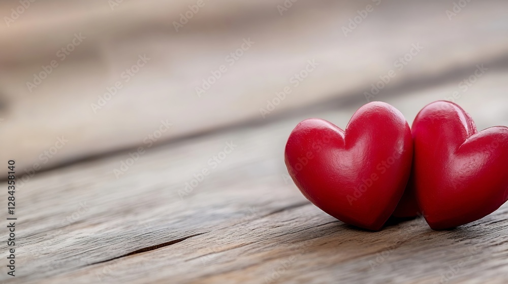 Poster closeup of two vibrant red heartshaped objects on rustic wooden surface for romantic themes : genera