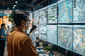 A professional in an orange shirt observes various digital displays in a modern control room. Multiple screens show maps and data, while colleagues interact nearby, focusing on their tasks