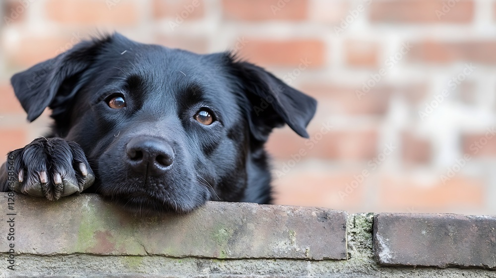 Poster closeup of an adorable black dog resting its head on a brick wall with a thoughtful expression : gen