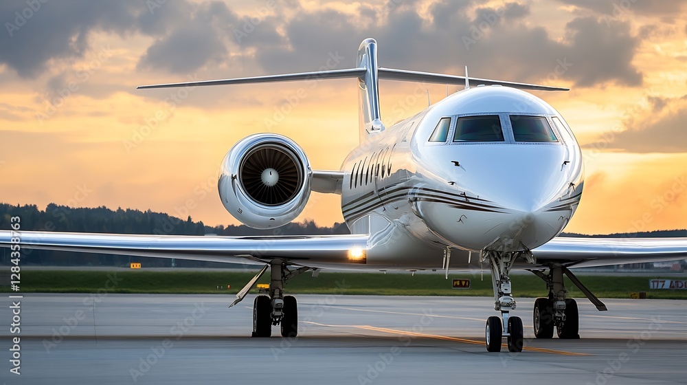Poster sleek private jet on airport runway with scenic sunset background : generative ai