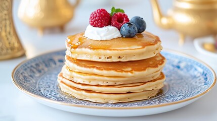 Delicious pancake stack topped with fresh berries and cream on elegant plate