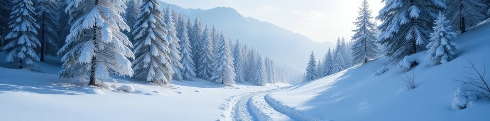 Fototapeta premium Steep hillside covered in a blanket of snow and frosty branches, forest, frost