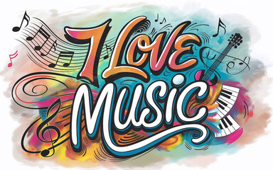 a vibrant and artistic illustration featuring the phrase I love music in an expressive hand-lettered style 