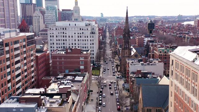 Aerial Flying Down Newbury Street in Boston