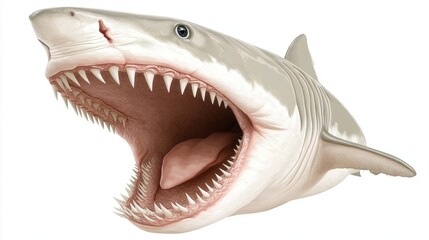 Detailed Illustration of Great White Shark with Open Mouth Against White Background