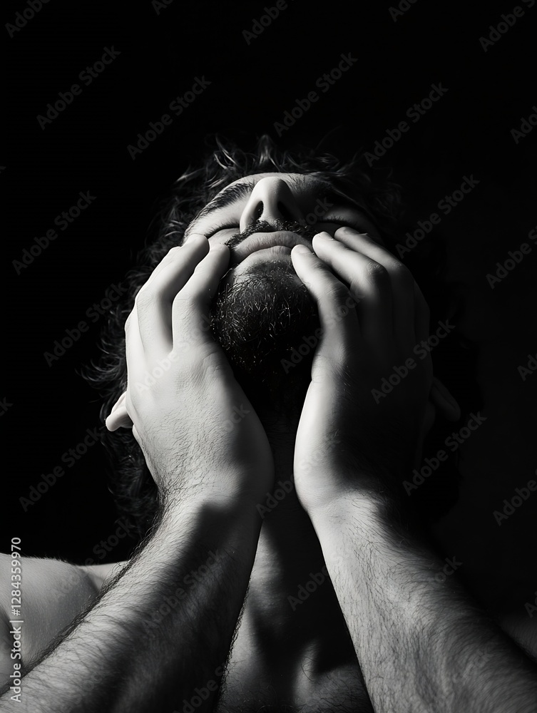 Poster emotional portrait of a man with hands on his face expressing deep thoughts in dramatic lighting : g