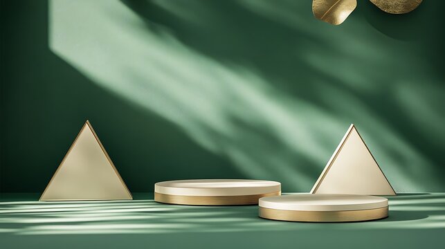 A set of geometric shape podiums are arranged over the green background collection of podiums and pedestals for product presentation - Powered by Adobe