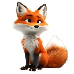 Obraz premium A Fluffy 3D Cartoon Fox Sitting Down Isolated on Transparent Background