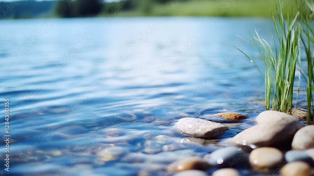Aufkleber Serene lakeside view with smooth stones and fresh greenery under calm water ripples : Generative AI