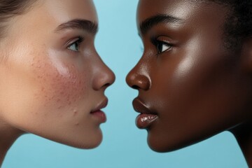 Obraz premium Comparison of acne prone skin and flawless skin emphasizes skincare and dermatology effectiveness. Generative AI