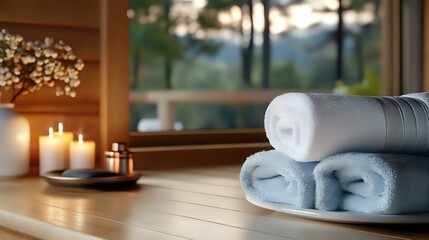 Fototapeta premium Folded spa towels on wooden surface with glowing candles and decorative flowers creating relaxing wellness atmosphere. Suitable for spa marketing.