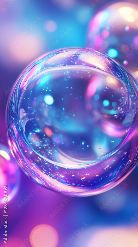 Poster a close-up of floating soap bubbles, showcasing iridescent colors of pink, purple, and blue with ref