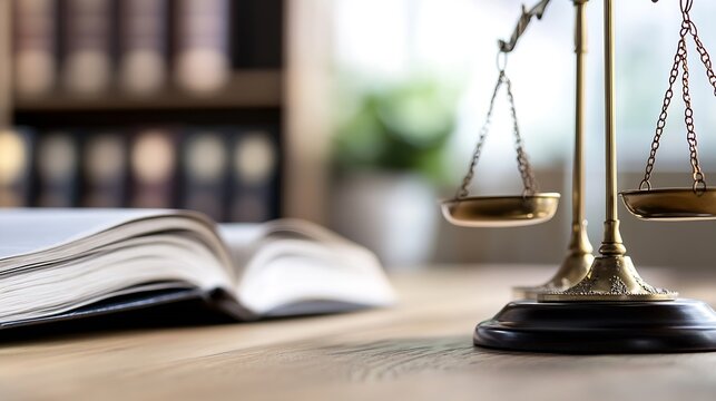 Closeup of balanced scales symbolizing justice and law placed beside an open law book : Generative AI