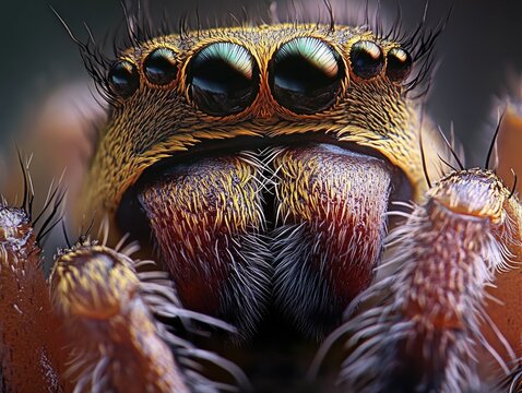 Closely cropped image of a brown arachnid with large, vivid yellow eyes.