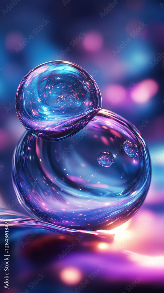 Poster a close-up shot of two interconnected soap bubbles with glowing, iridescent reflections in shades of
