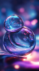 A close-up shot of two interconnected soap bubbles with glowing, iridescent reflections in shades of pink, purple, and blue, showcasing their fluid and translucent nature.