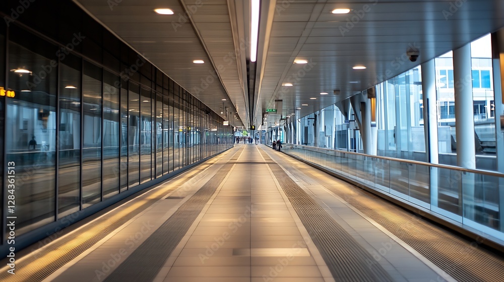 Poster modern reflective corridor of an airport with clean lines and bright lighting : generative ai