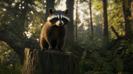 Obraz premium A close-up of a raccoon standing on a mossy stump in a lush forest with dappled sunlight filtering through the trees