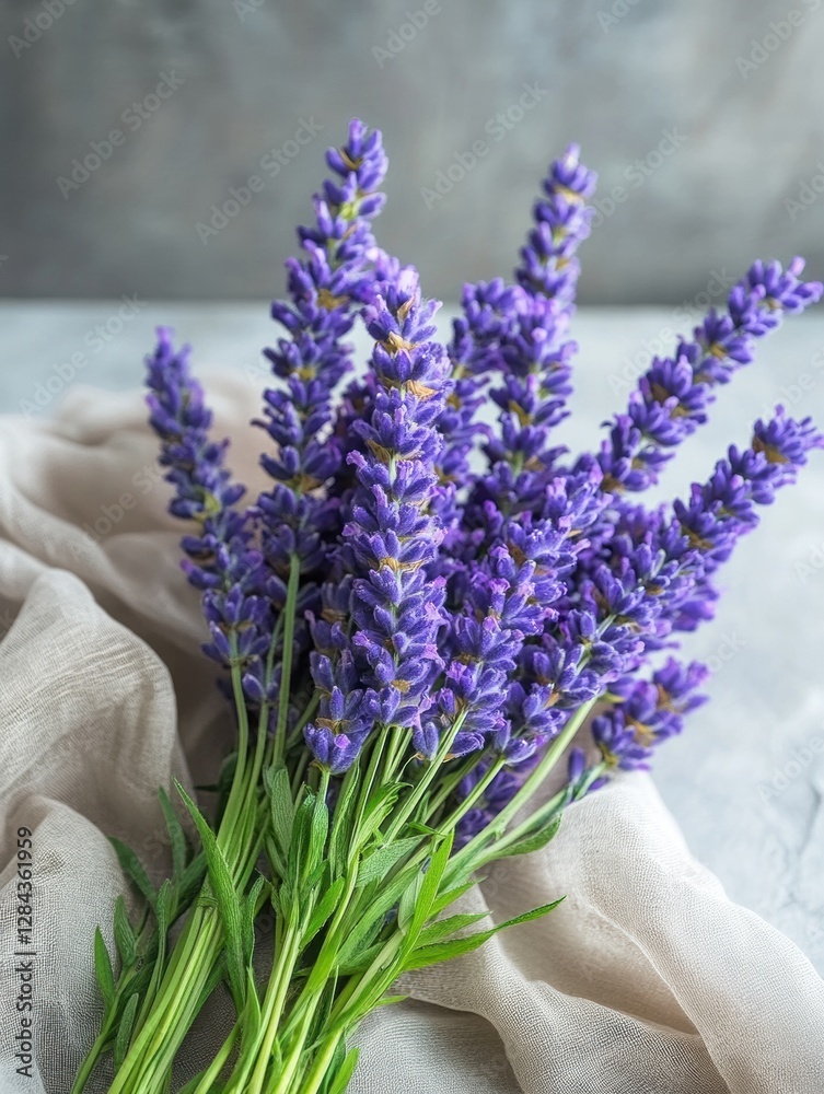 Poster freshly harvested lavender bouquet arranged on a soft fabric background in natural light. generative