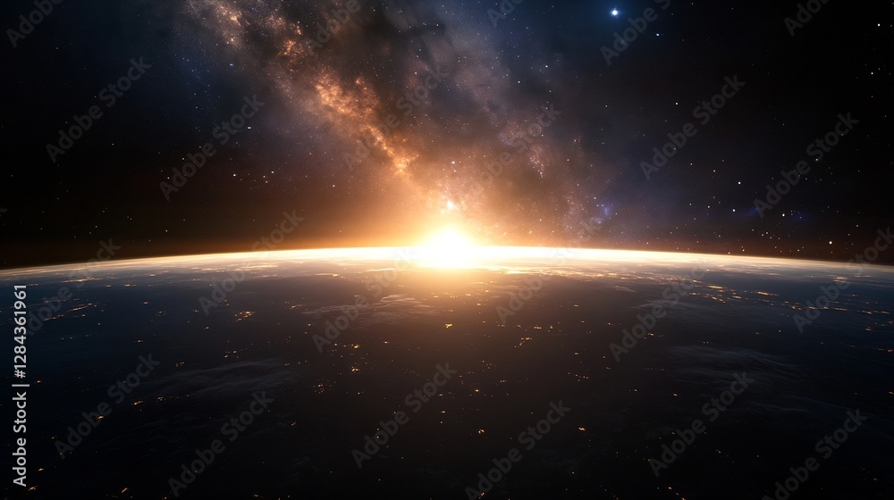 Poster stunning view of a rising sun over the horizon of earth with a beautiful galaxy in the background : 