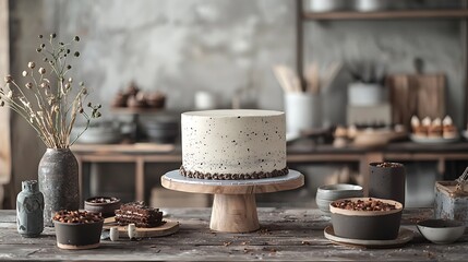 A modern industrial birthday setup with a concrete-style cake and raw metallic accents