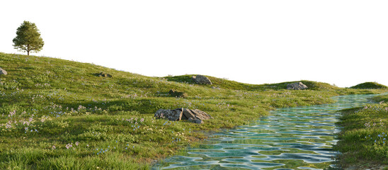 Peaceful Meadow with Stream and Lone Tree in Spring. 3D Rendering.