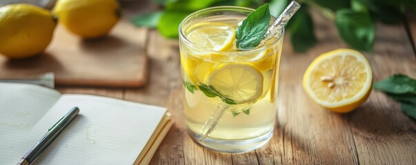 Fototapeta premium Refreshing lemonade in glass with mint and straw on wooden table with lemons and notebook