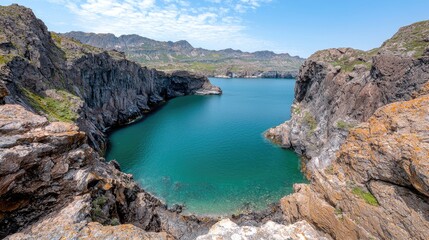 Obraz premium Turquoise cove nestled in rocky cliffs, sunny day. Travel brochure use