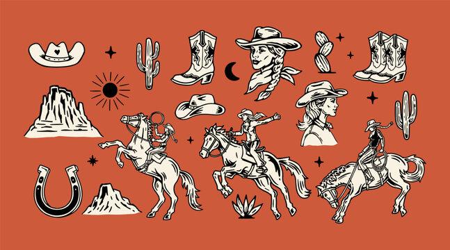 Vintage cowgirl riding and roping horses, perfect for Western-themed designs.