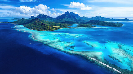 Obraz premium Panoramic aerial view of a tropical island with turquoise blue waters and majestic mountain landscapes