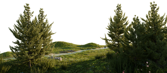 Tranquil Stream in Lush Meadow with Pine Trees. 3D rendering.	
