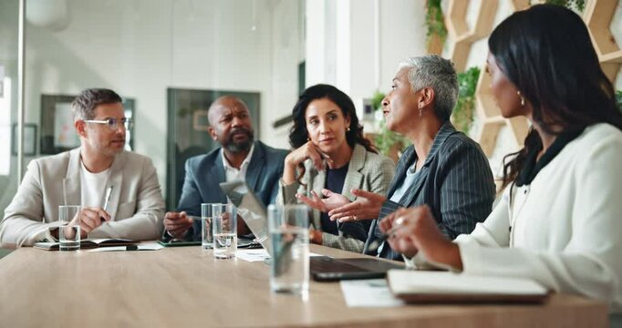 Business people, bad news and announcement with negotiation, deal or audit meeting for b2b portfolio. Financial advisor, accountant or agent with discussion for consultation advice or proposal review