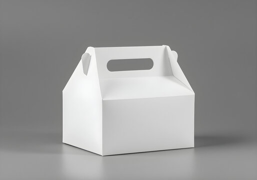 Blank white pastry box with handle mockup on grey background. Empty cardboard container for take-away food. Modern design for bakery, food delivery. Ideal for product presentation, packaging design.