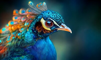 Obraz premium Peacock close-up, head shot, dark blurred background, stock image use