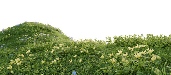 Verdant Hill Blooming with Yellow Flowers in Spring. 3D render.	

