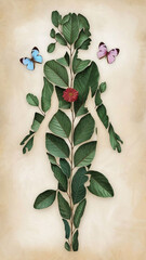 An artistic illustration of large, green leaves that form the silhouette of a woman. Among the leaves, there is a red flower and two butterflies 