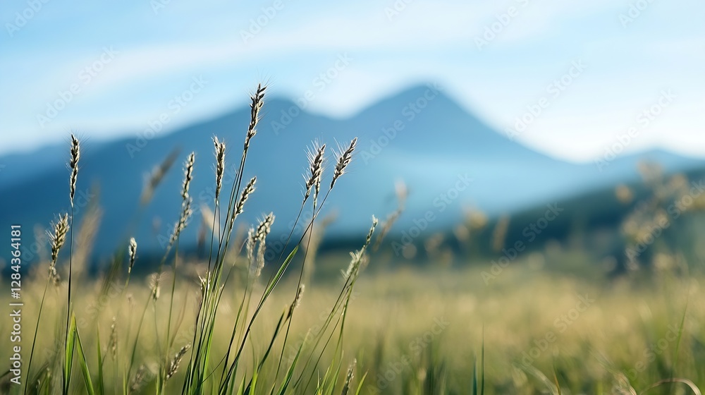 Poster serene summer landscape with grass swaying gently in the breeze against a backdrop of mountains and 