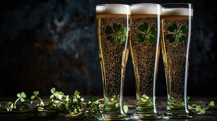 Four tall glasses of golden-colored ale, likely beer, sit side by side with four clovers on top, possibly in honor of St. Patrick's Day.