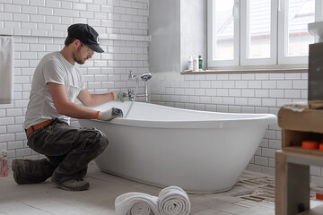 A contractor is kneeling beside a freestanding bathtub in a freshly renovated bathroom