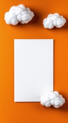 Minimalistic design featuring clouds and a blank page on an orange background.