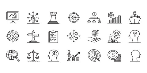 Set of Decision making, uncertainty, strategy, vision, problem solving and career path editable stroke