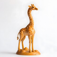 Obraz premium Highly Detailed Wooden Figurine of a Gentle Giraffe Displayed on a Natural Base for Home Decor
