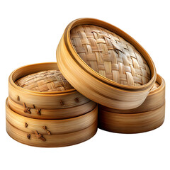 Three Wooden Steamers with Woven Lids Isolated on Transparent Background