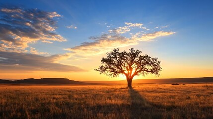 Majestic Sunset Over Lone Tree in Golden Field with Dramatic Sky : Generative AI
