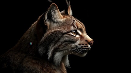 Regal lynx in profile against black background showcasing majestic fur and intense gaze